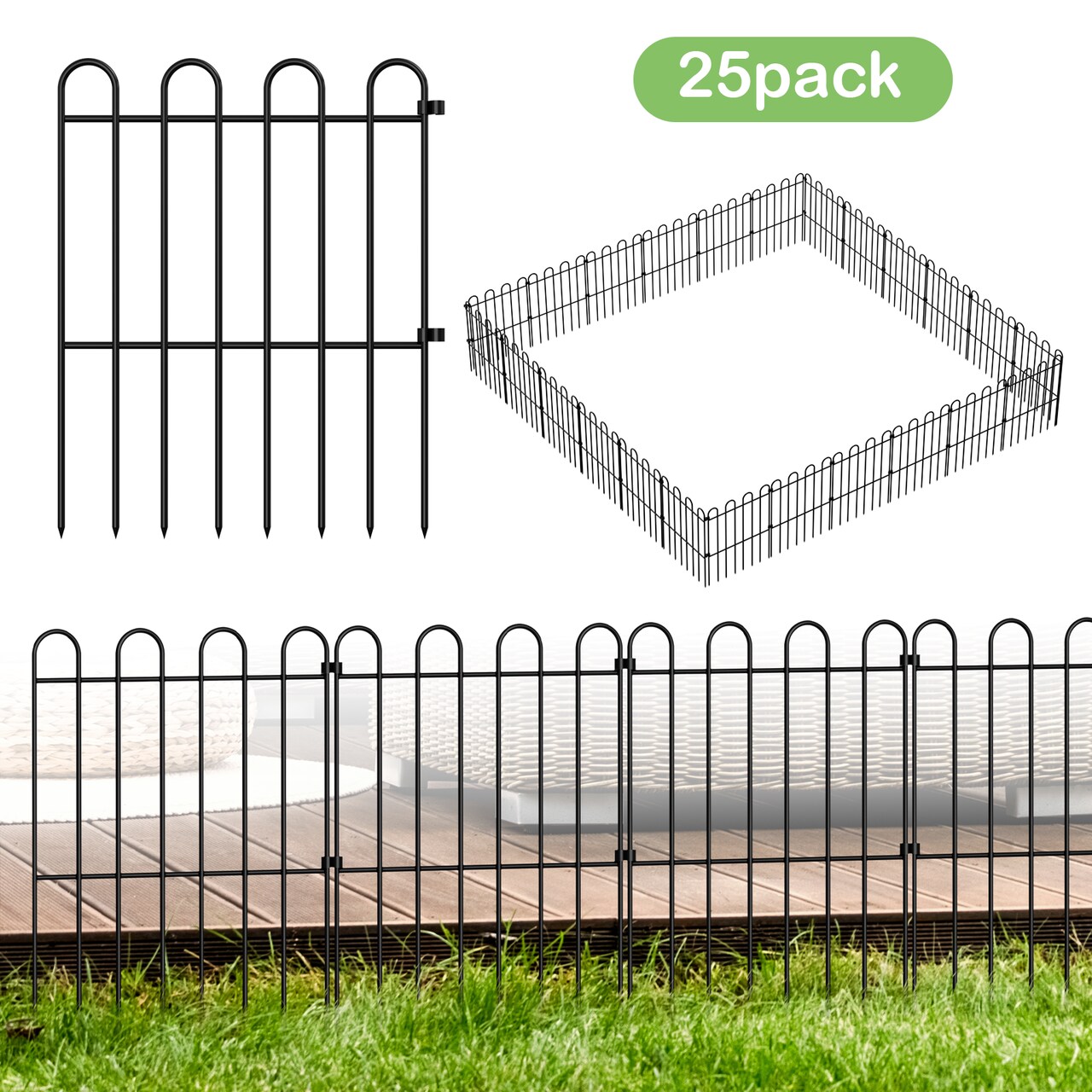 25-Pack No-Dig Garden Fence Panels, Rustproof Metal Decorative Border Fence